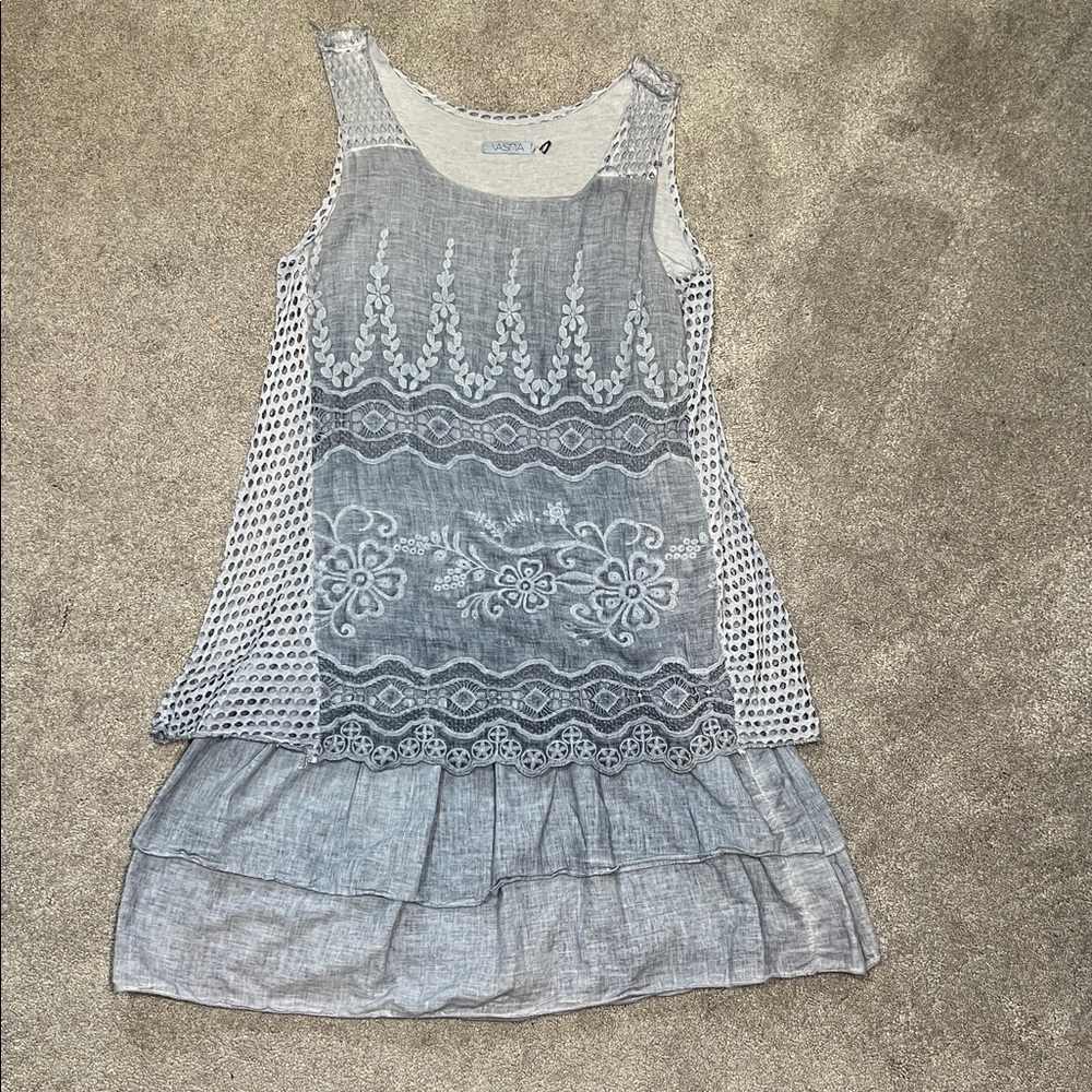 Vasna Dress Blue Layered Tiered Embroidered Lace Italy Boho Coastal Resort